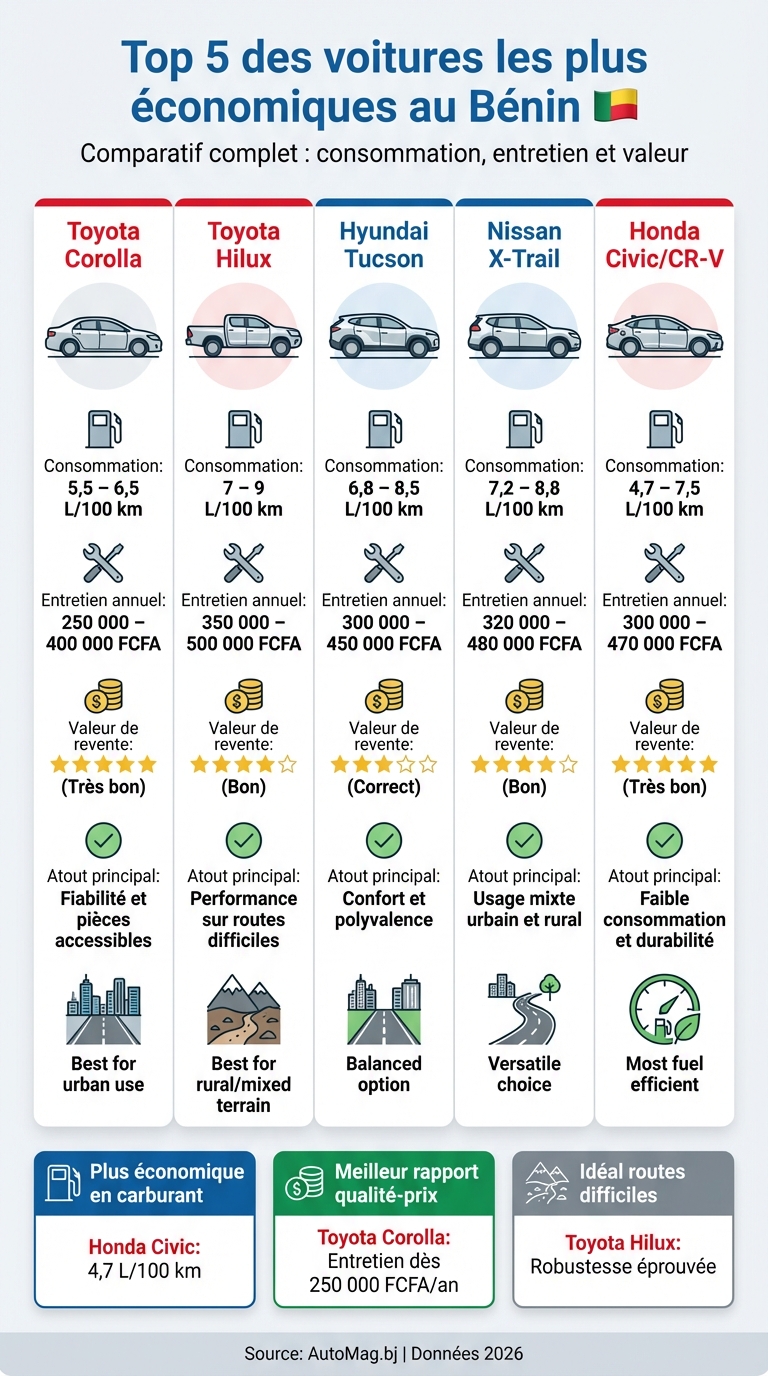 Comparatif des 5 voitures les plus économiques au Bénin : consommation, entretien et prix