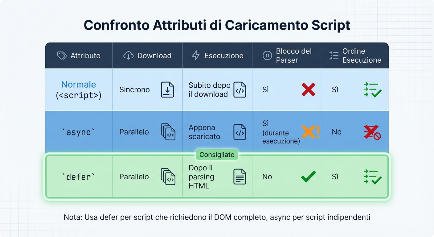 Come ridurre l'impatto dei script di terze parti 3 Confronto tra attributi async, defer e script normali per il caricamento ottimizzato