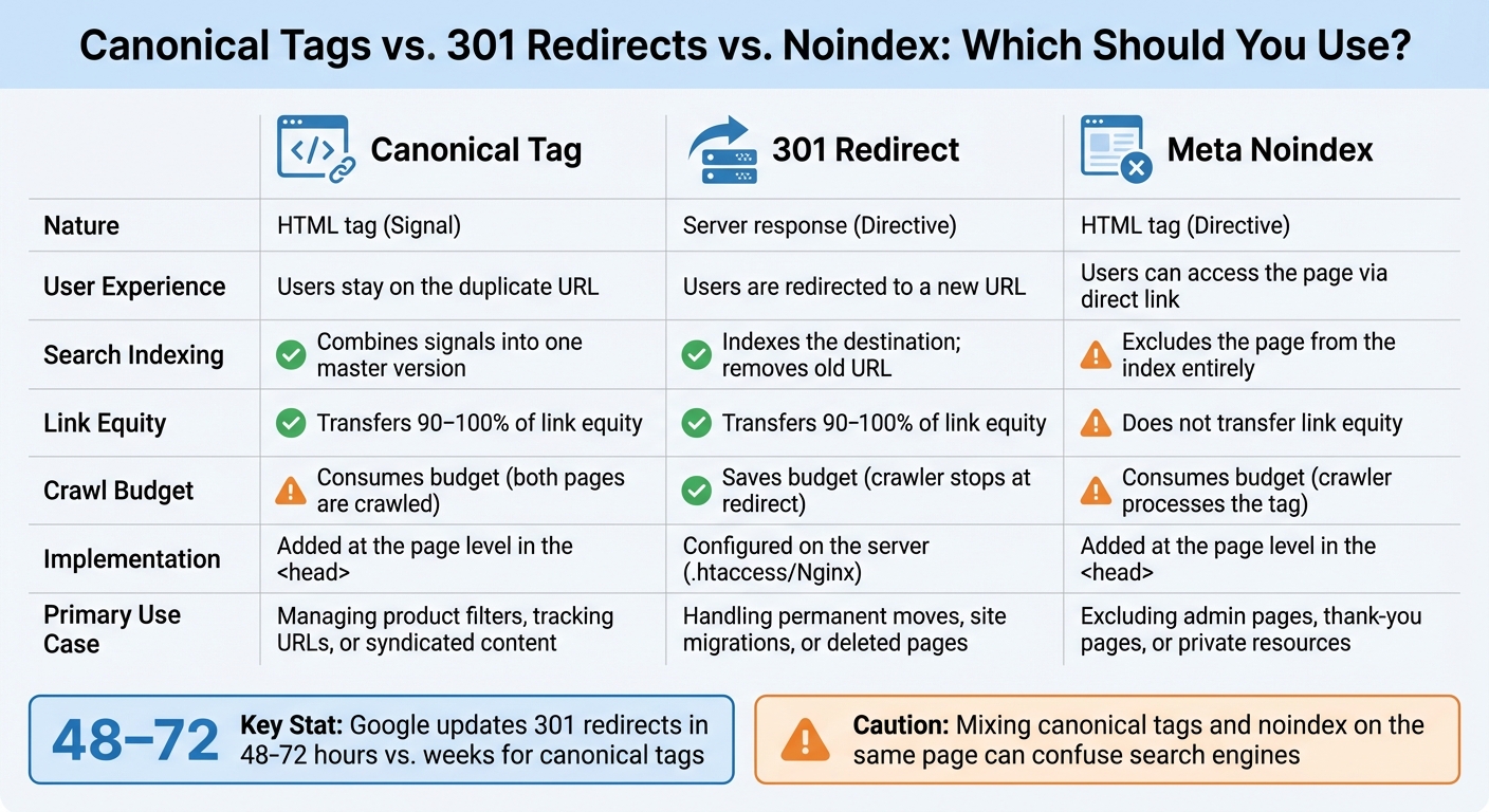 Canonical Tags vs 301 Redirects vs Noindex: Complete Comparison Guide