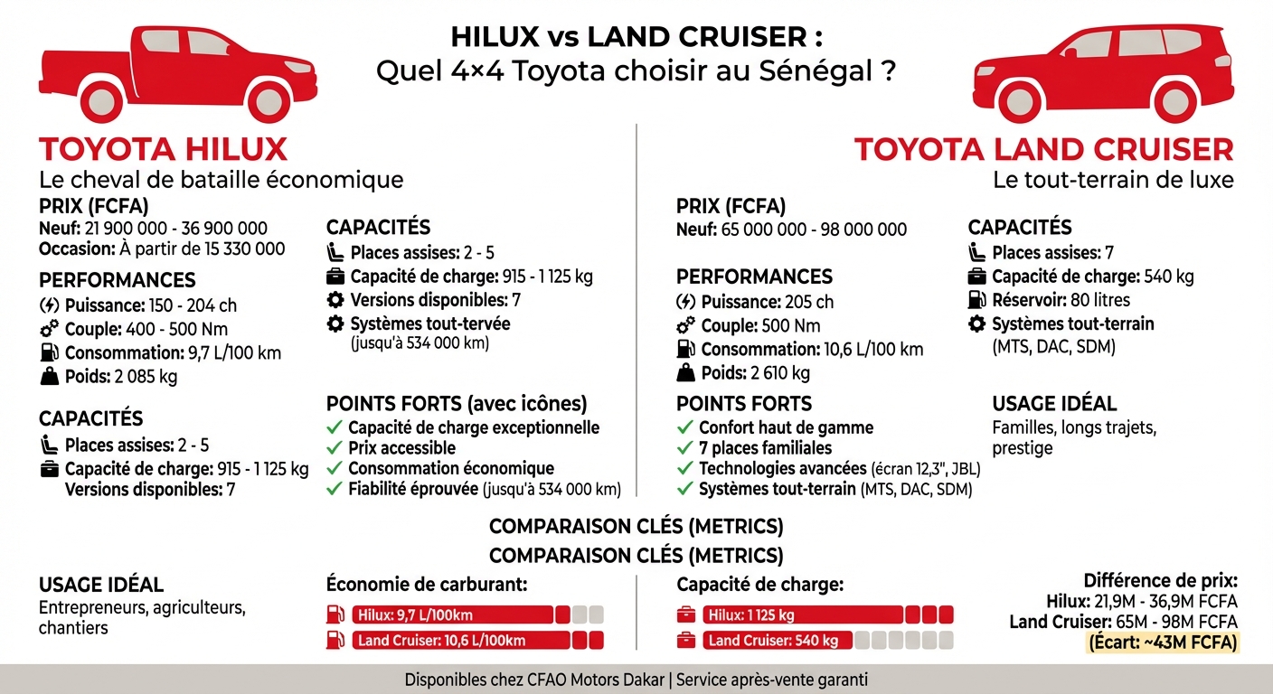 Comparaison Toyota Hilux vs Land Cruiser : prix, performances et caractéristiques au Sénégal