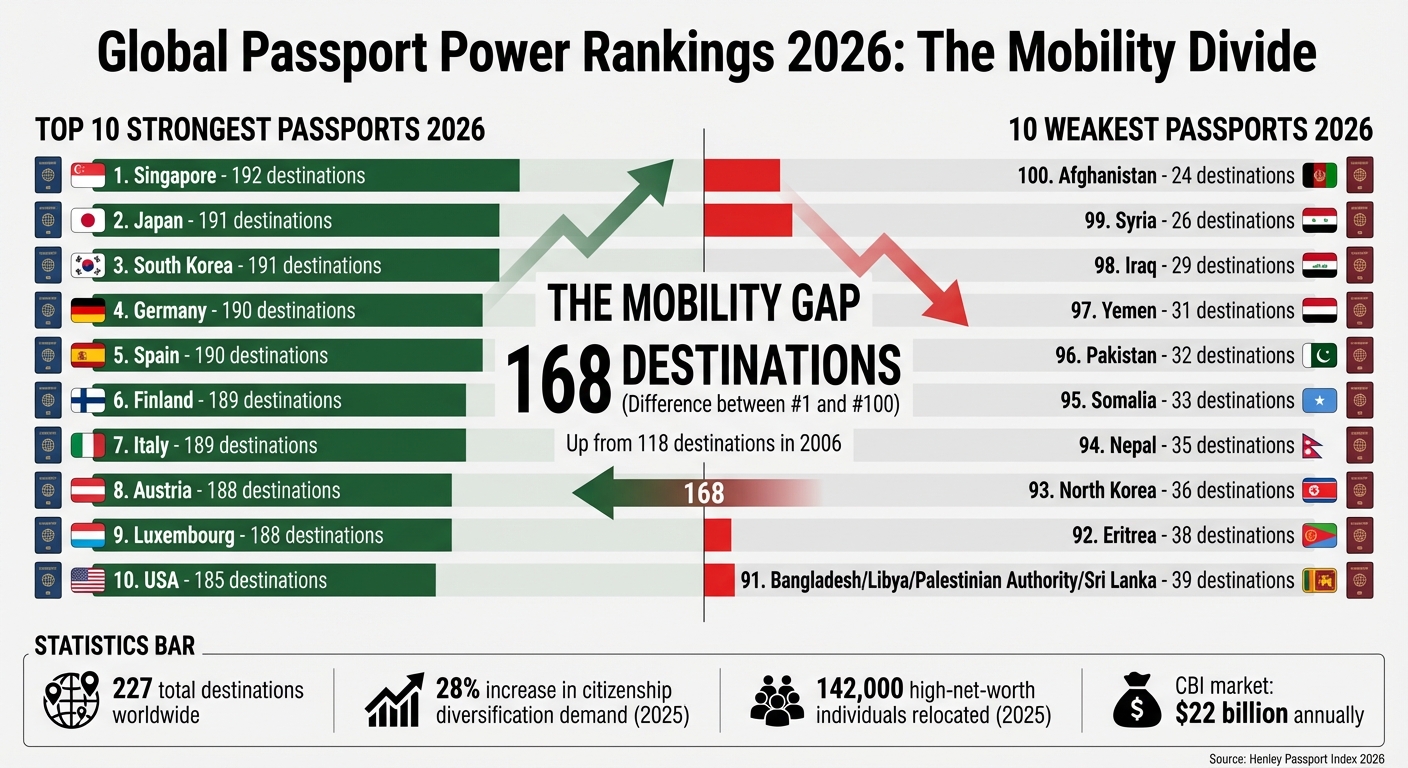Global Passport Power Rankings 2026: Top 10 Strongest vs Weakest Passports