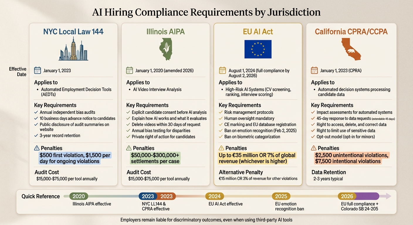 AI Hiring Compliance Requirements by Jurisdiction: NYC, Illinois, EU & California