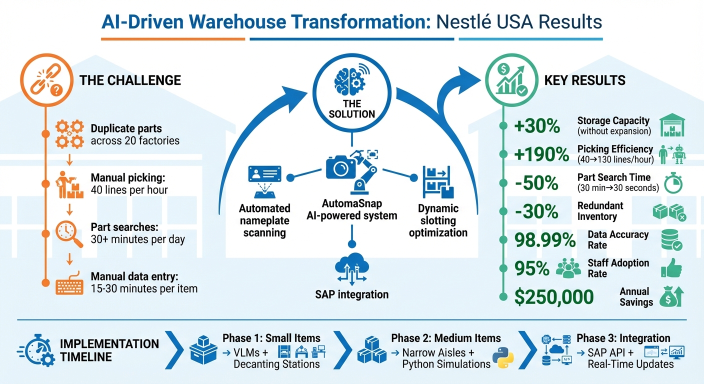 Nestlé USA AI Warehouse Optimization Results: 30% Space Increase, 190% Faster Picking, $250K Annual Savings