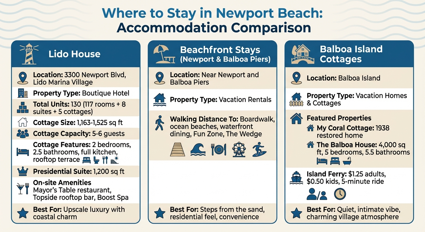 Newport Beach Accommodation Comparison: Lido House vs Beachfront Rentals vs Balboa Island Cottages