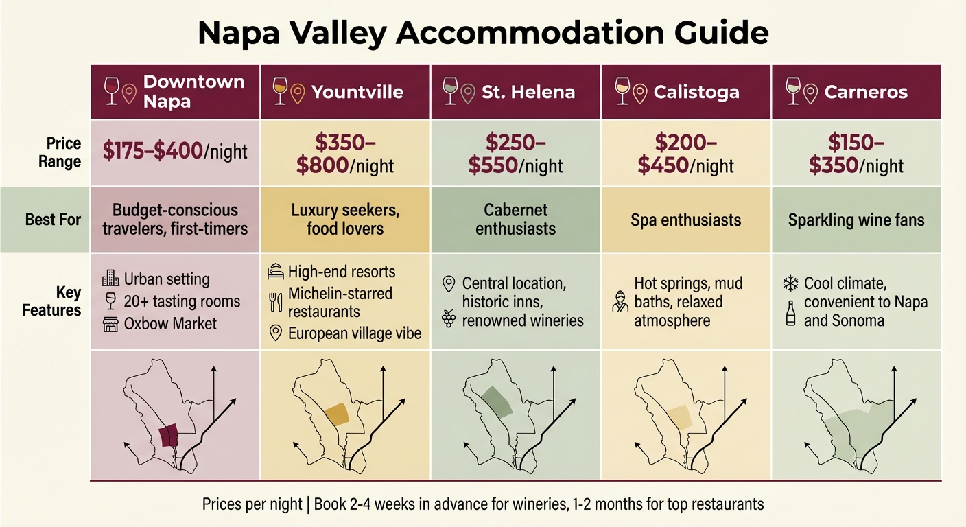 Napa Valley Accommodation Guide: Price Ranges and Features by Area