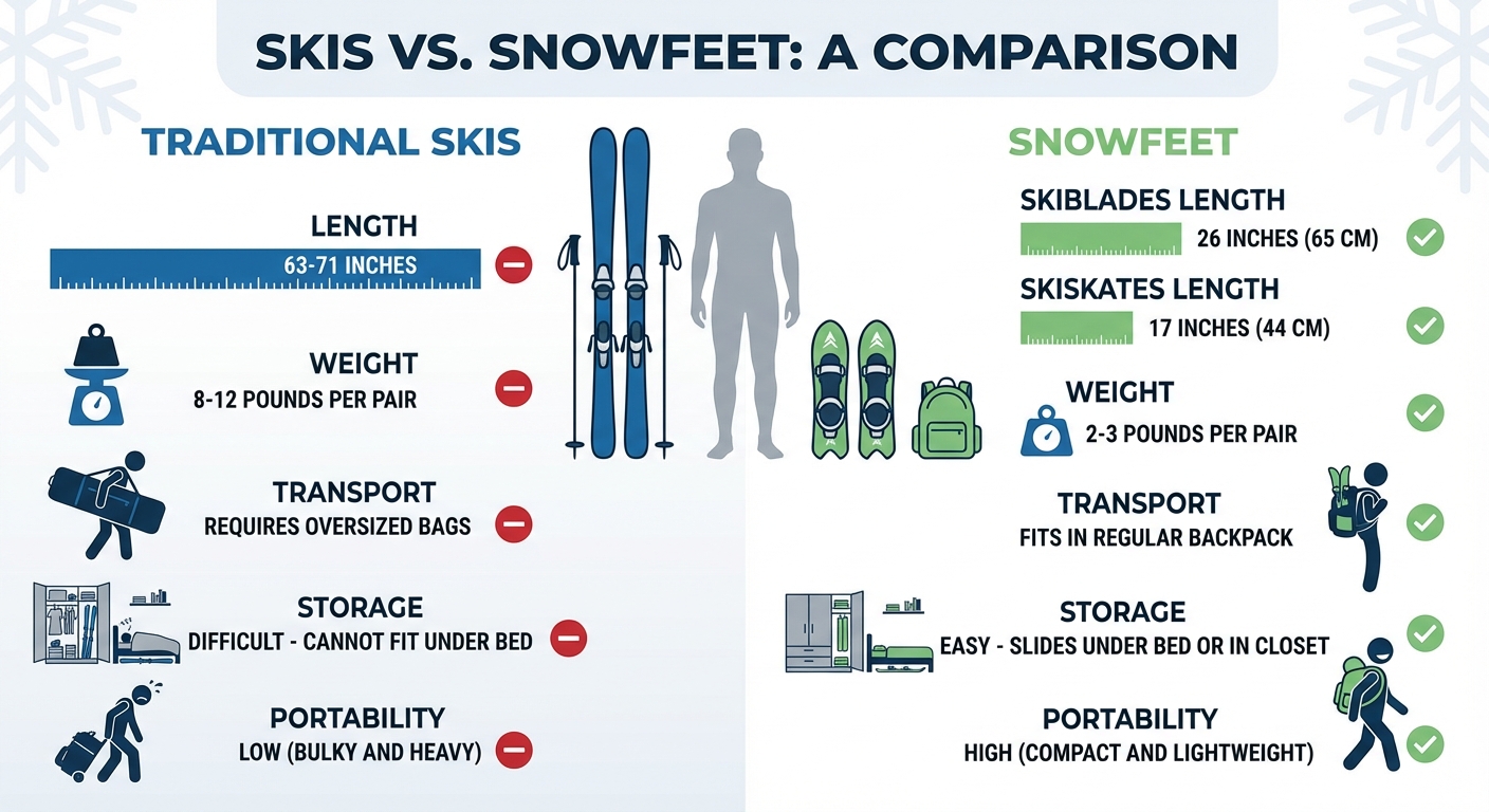 Snowfeet 與傳統滑雪板：尺寸、重量與便攜性比較