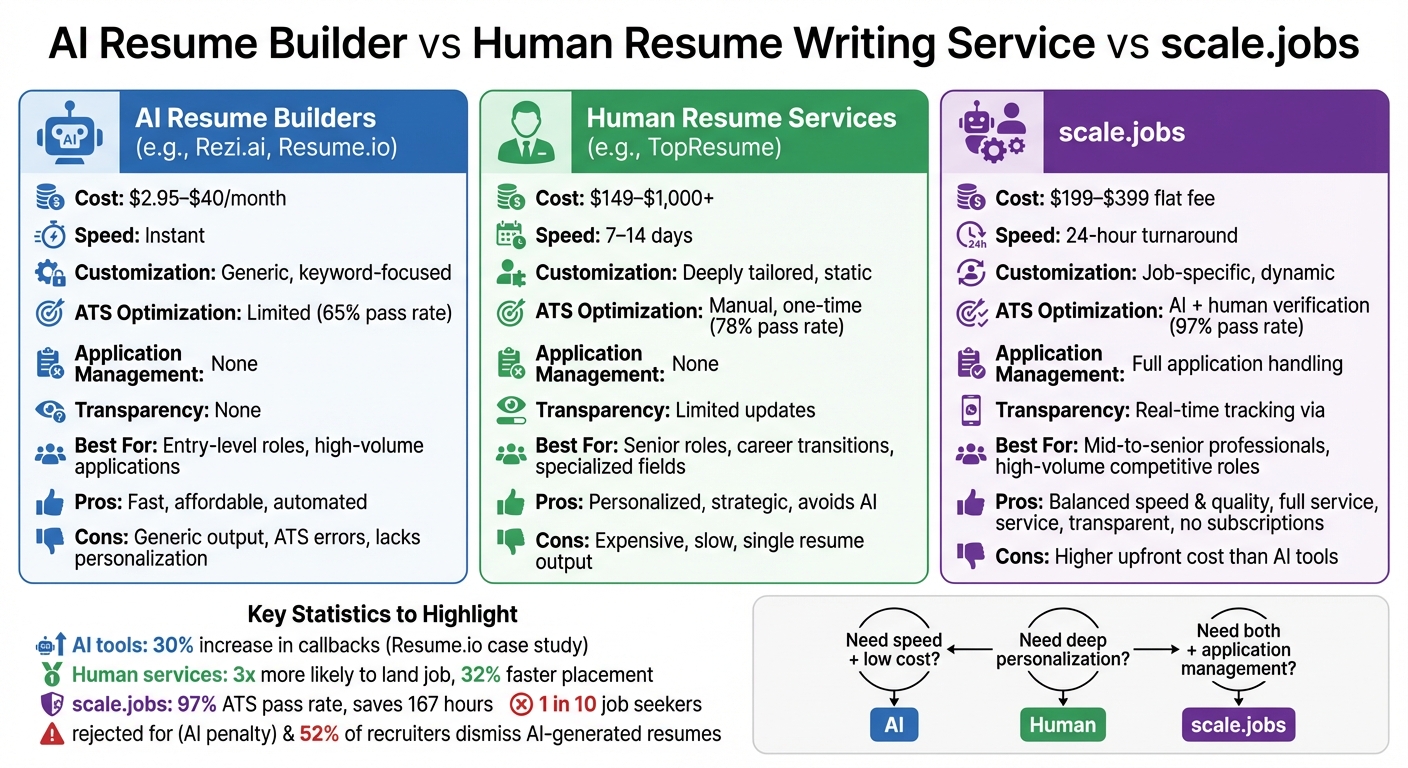 AI Resume Builders vs Human Services vs scale.jobs Comparison Chart