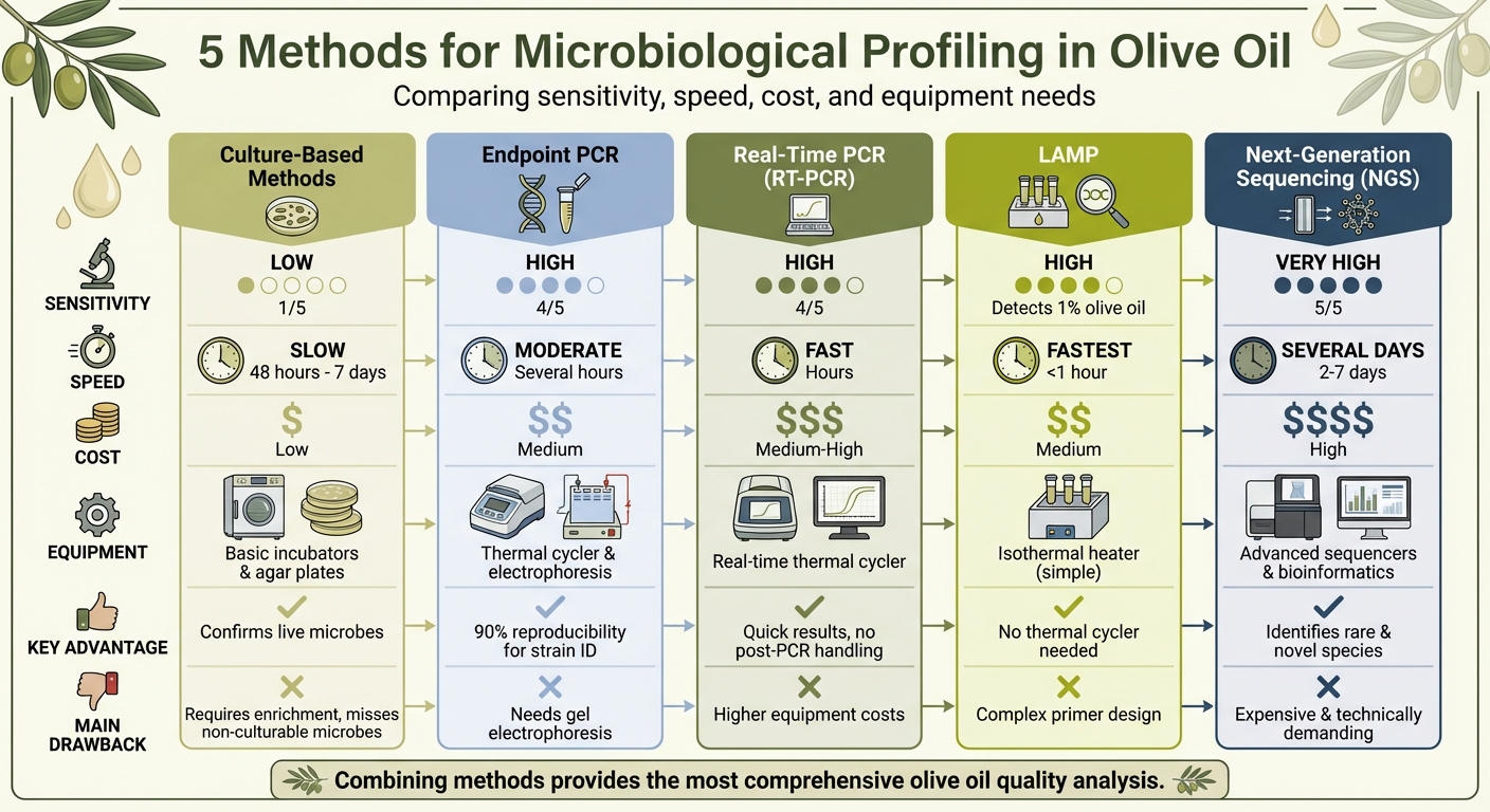 Comparison of 5 Microbiological Profiling Methods for Olive Oil Testing