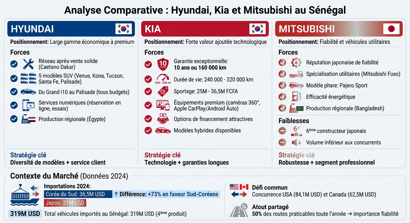 Comparaison Hyundai, Kia et Mitsubishi au Sénégal : stratégies et positionnement