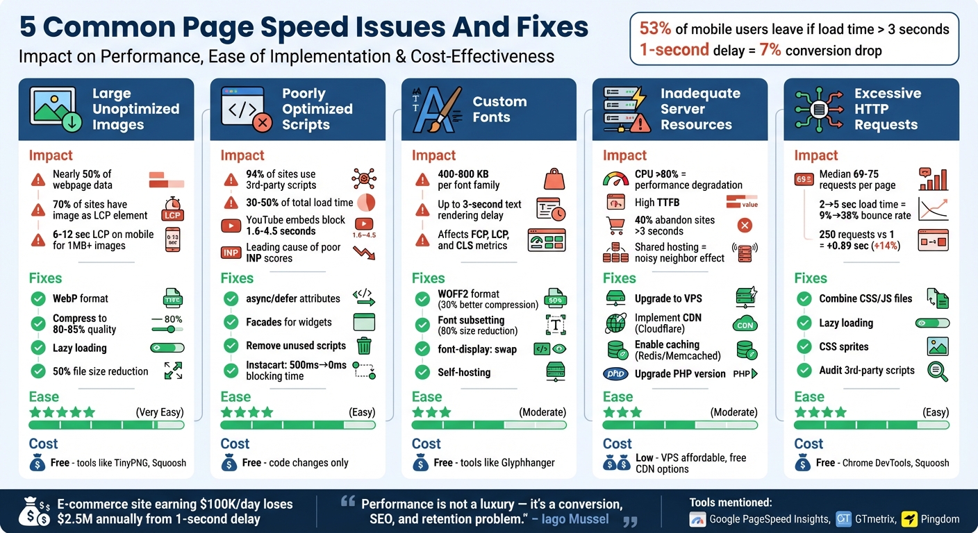 5 Common Page Speed Issues: Impact, Implementation Difficulty, and Cost Comparison
