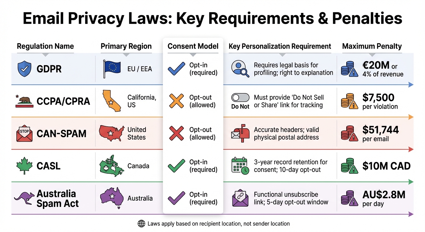 Email Privacy Laws Comparison: GDPR, CCPA, CAN-SPAM, CASL Requirements