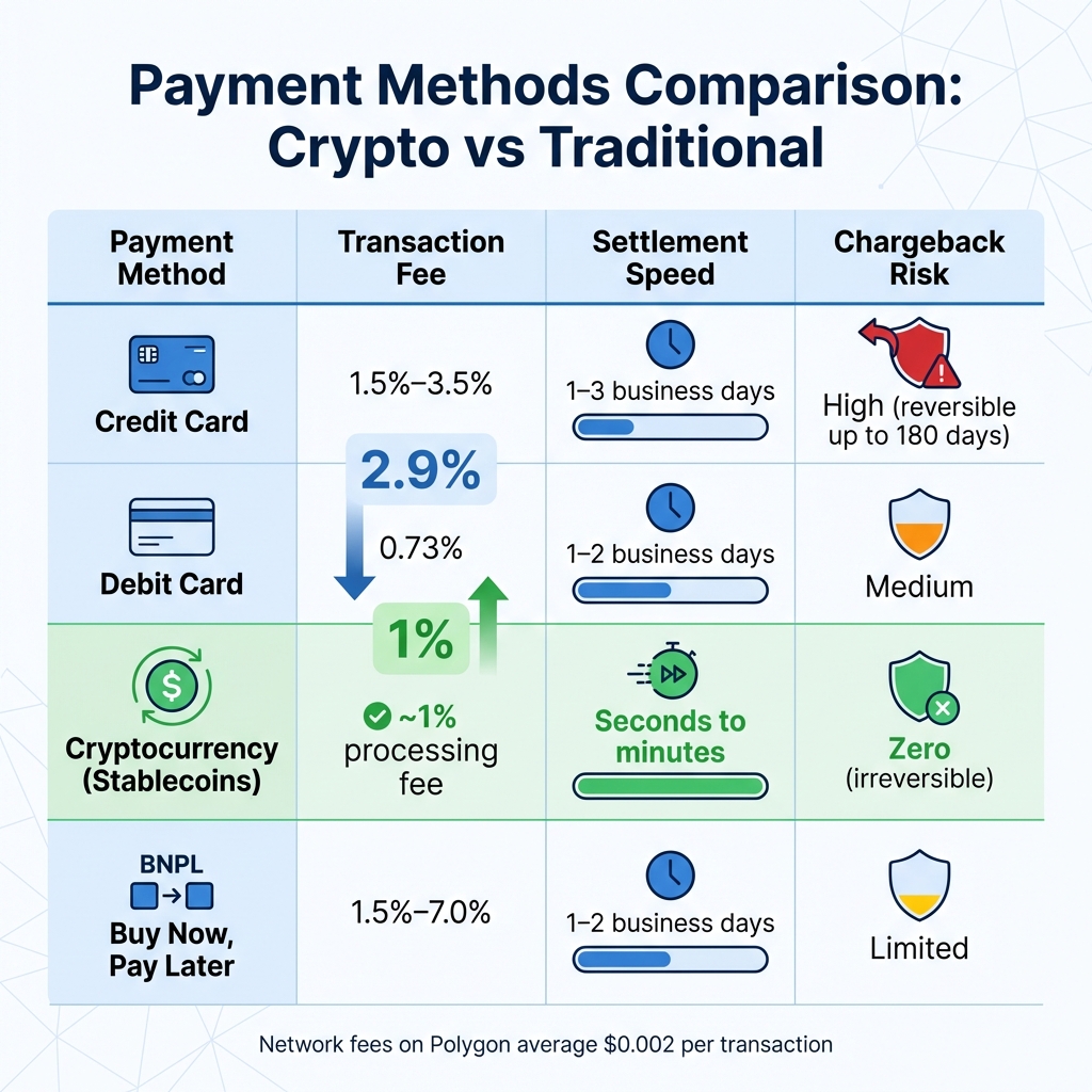 Cryptocurrency vs Traditional Payment Methods: Fees, Speed, and Chargeback Risk Comparison