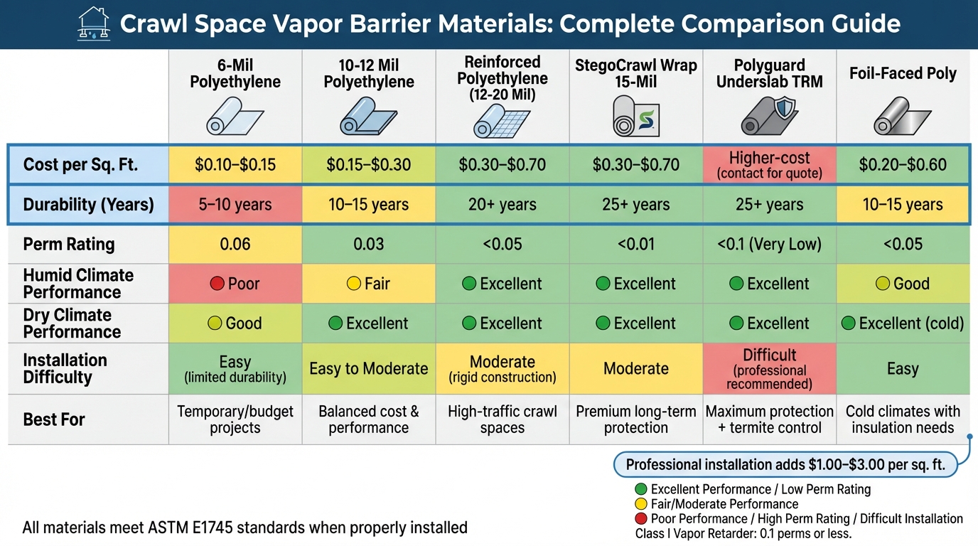 Crawl Space Vapor Barrier Materials Comparison: Cost, Durability & Performance