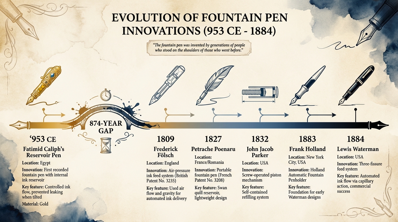 Timeline of Fountain Pen Innovations from 953 CE to 1884