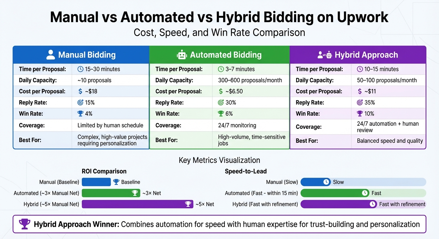 Manual vs Automated vs Hybrid Upwork Bidding: Cost, Speed and Win Rate Comparison
