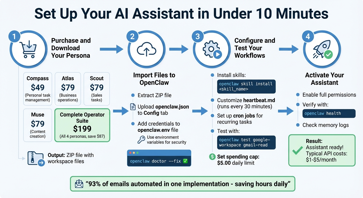 OpenClaw AI assistant setup dashboard showing persona configuration and connected services