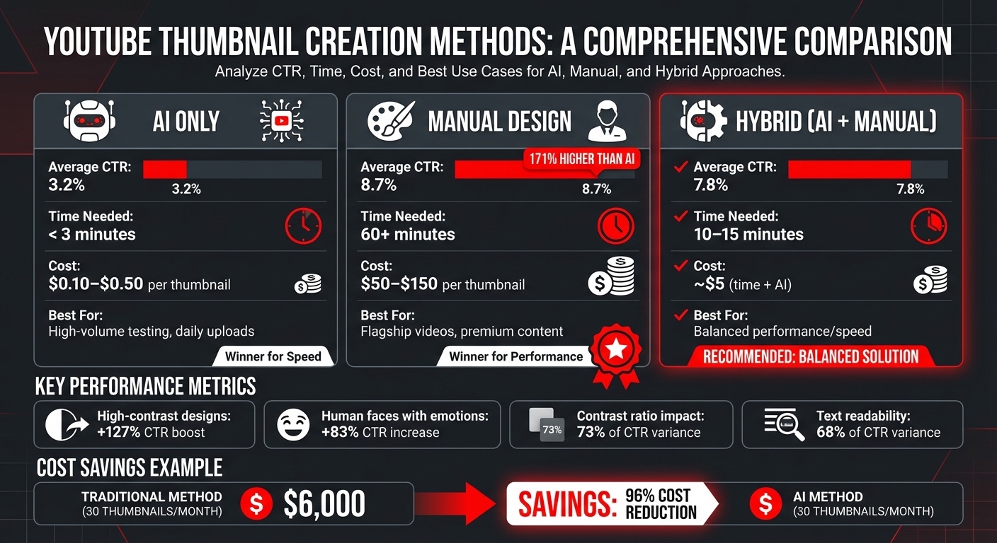 AI vs Manual vs Hybrid YouTube Thumbnail Methods: CTR, Cost & Time Comparison