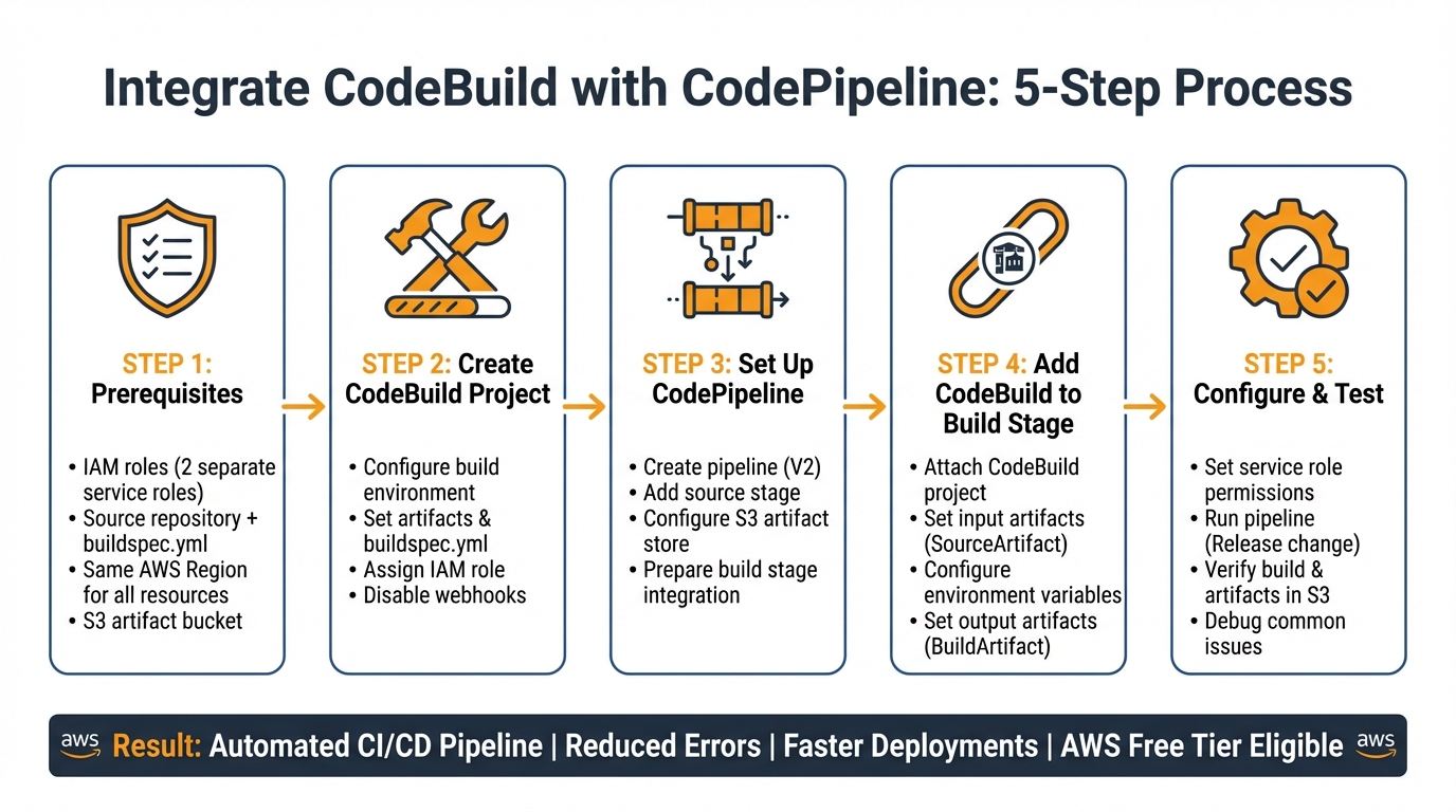 5-Step AWS CodeBuild and CodePipeline Integration Workflow