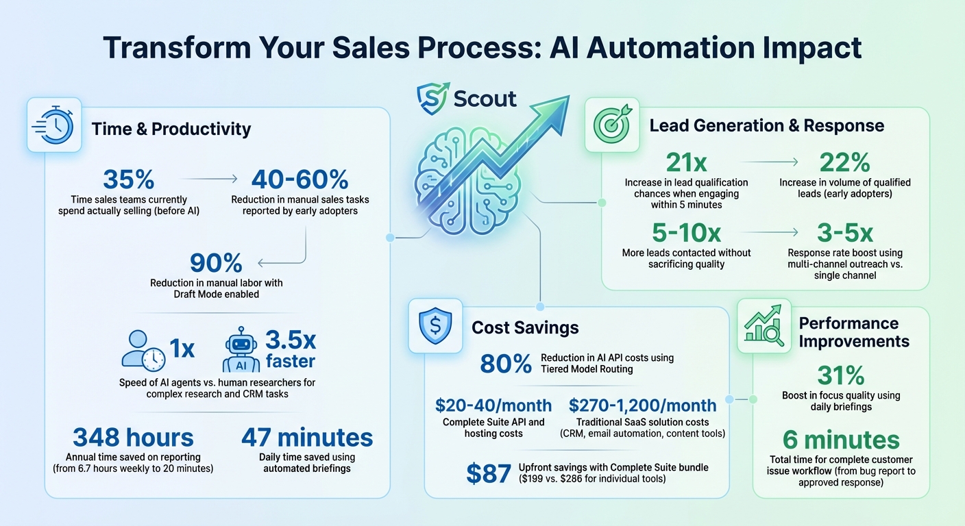Scout sales automation dashboard showing lead pipeline, follow-up sequences, and CRM sync status
