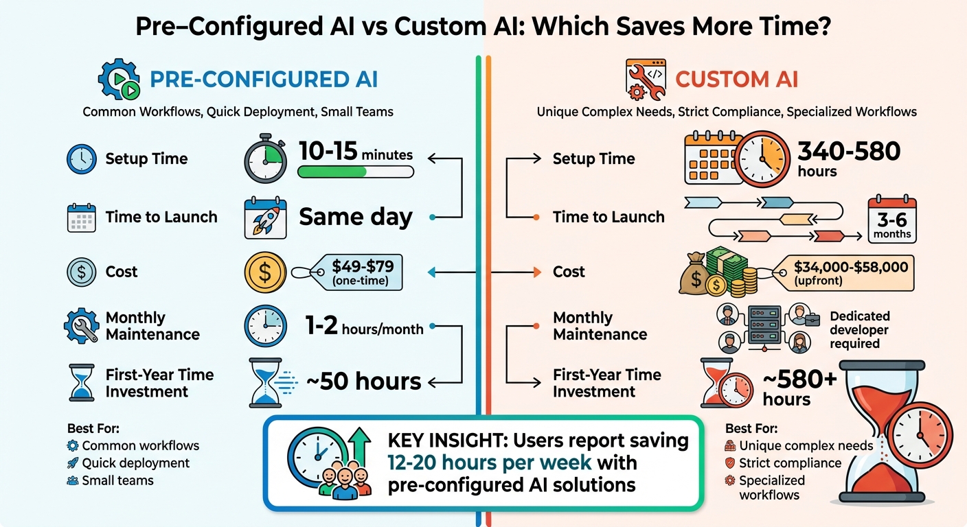 Side-by-side comparison chart showing pre-configured AI deployment timeline of 15 minutes versus custom AI development timeline of 340-580 hours