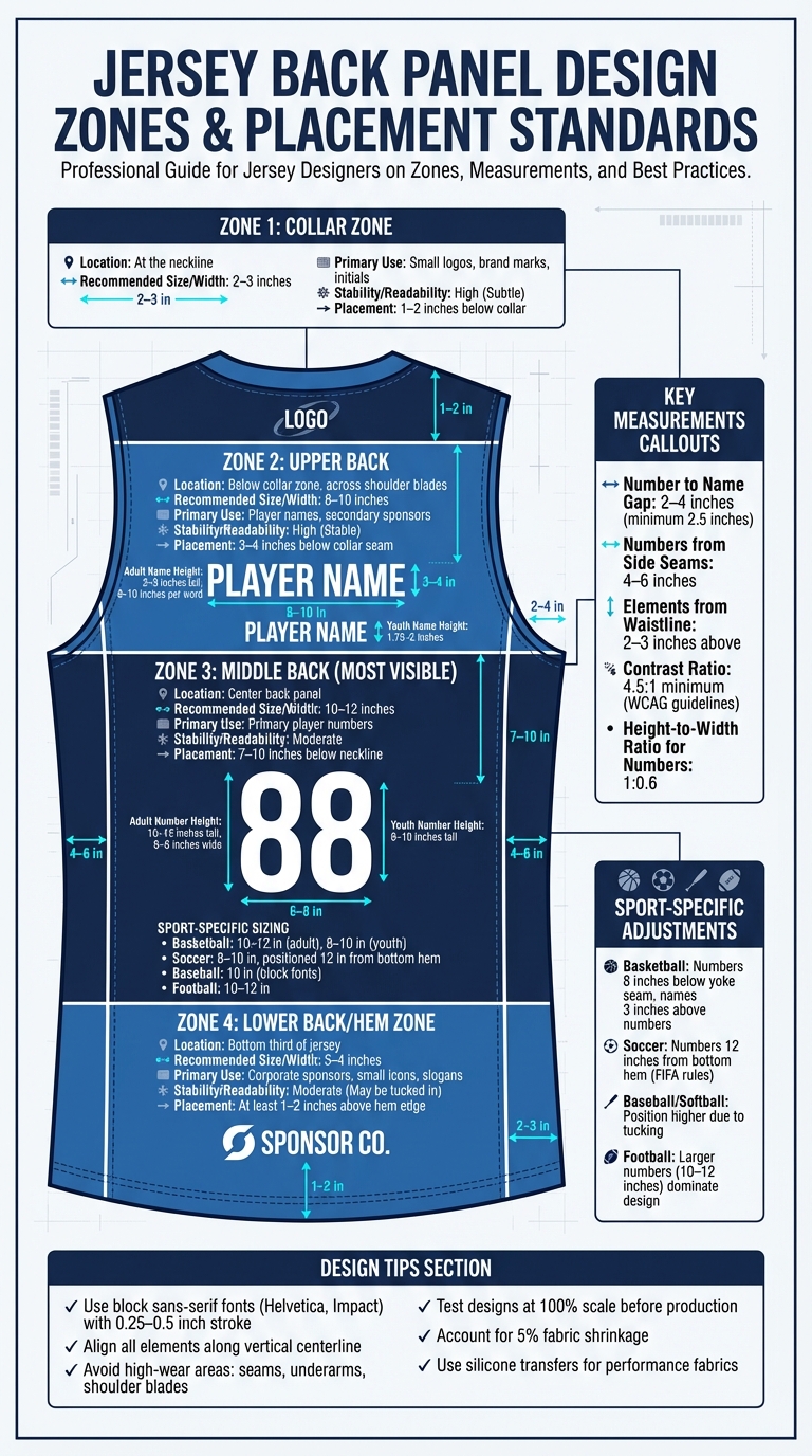 Jersey Back Panel Design Zones Guide with Sizing Standards