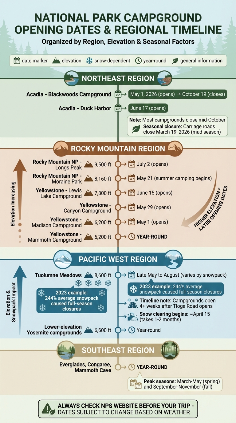 National Park Campground Opening Dates by Region and Elevation