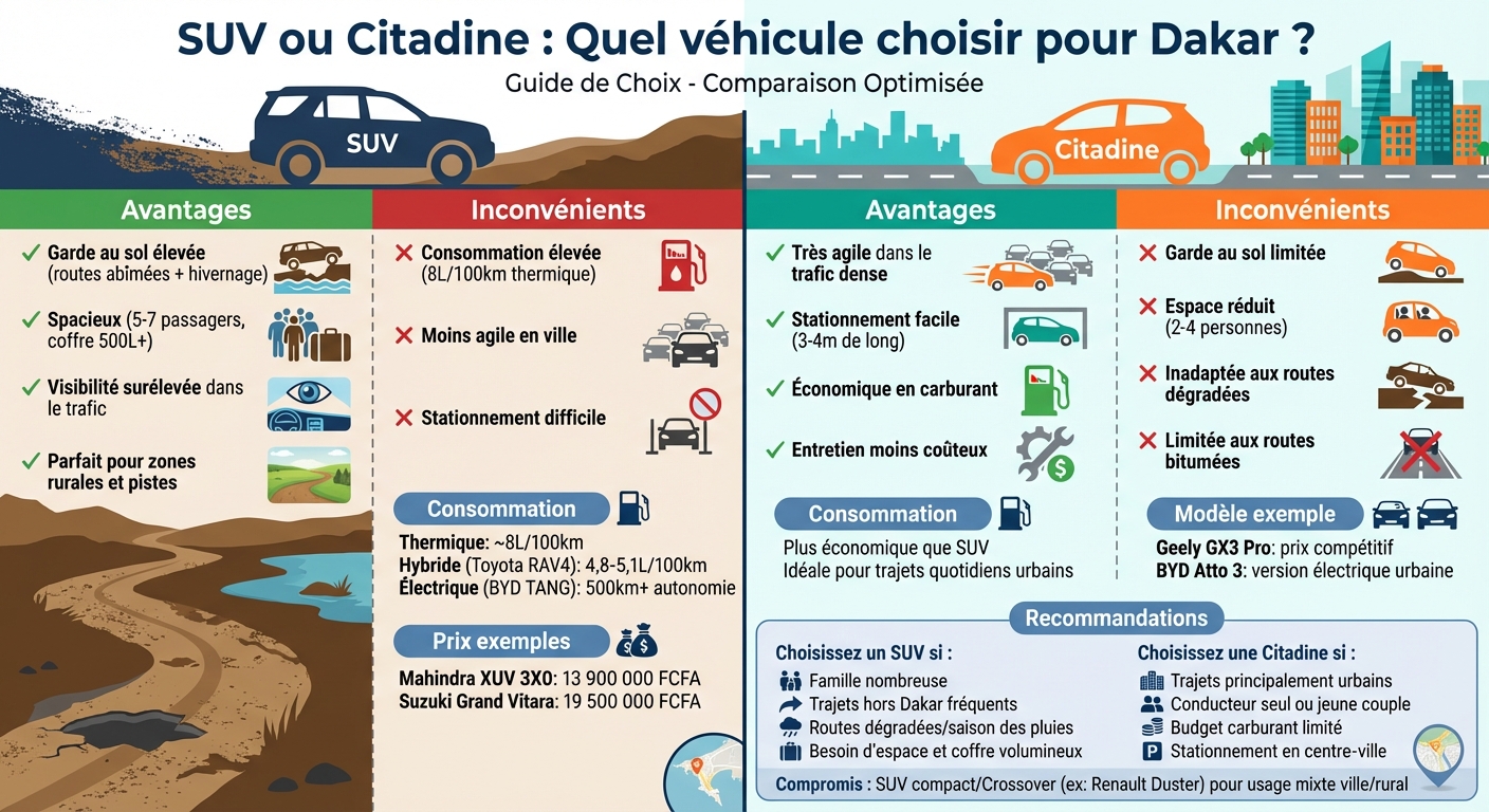 Comparaison SUV vs Citadine pour Dakar : critères de choix