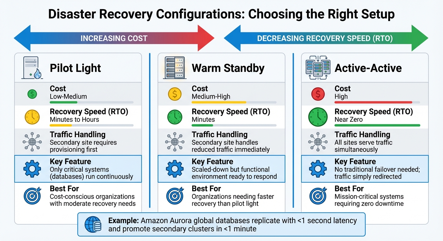 Disaster Recovery Configuration Comparison: Pilot Light vs Warm Standby vs Active-Active