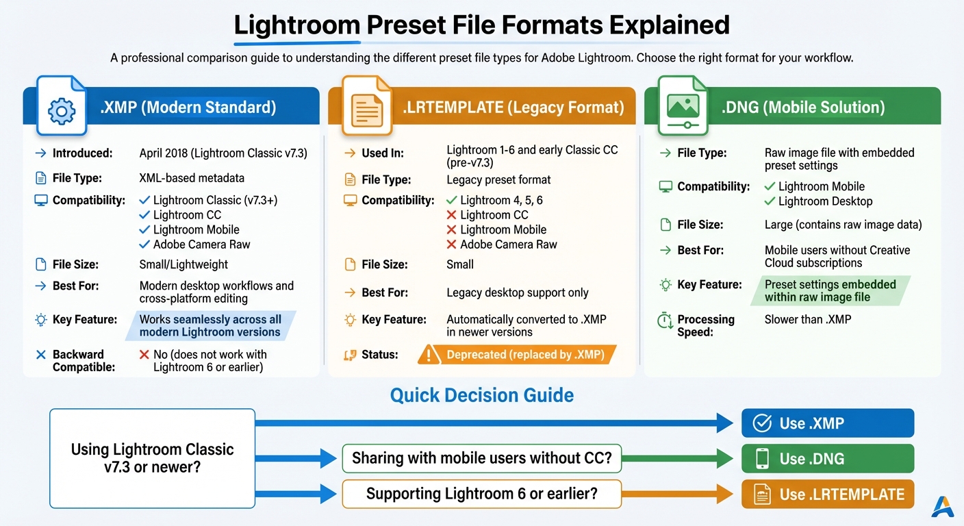 Lightroom Preset File Format Comparison: XMP vs LRTEMPLATE vs DNG