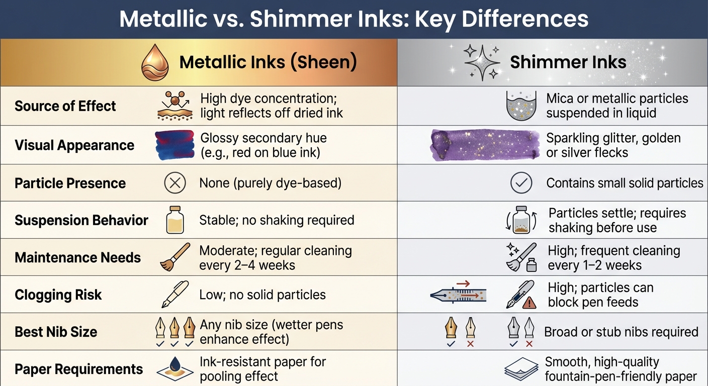 Metallic vs Shimmer Fountain Pen Inks Comparison Chart