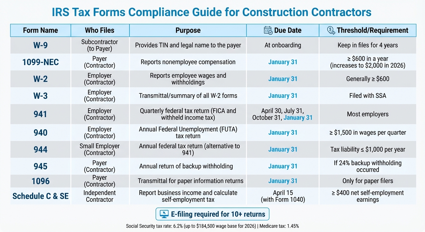 Essential IRS Tax Forms for Construction Contractors: Deadlines and Requirements