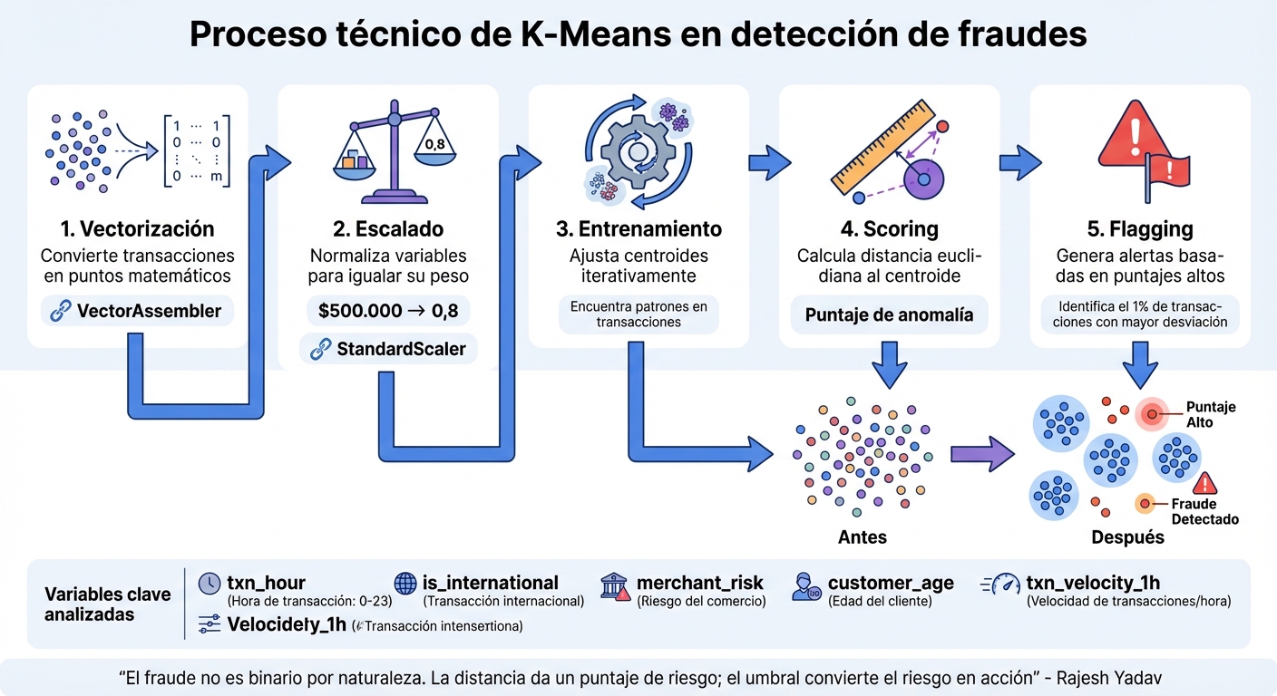 Proceso de implementación técnica de K-Means para detección de fraudes