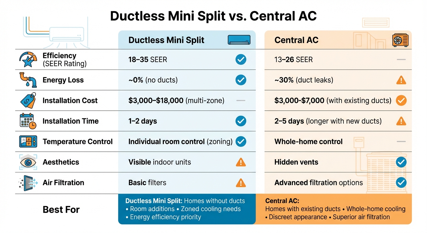 Ductless Mini Split vs Central AC Comparison Chart
