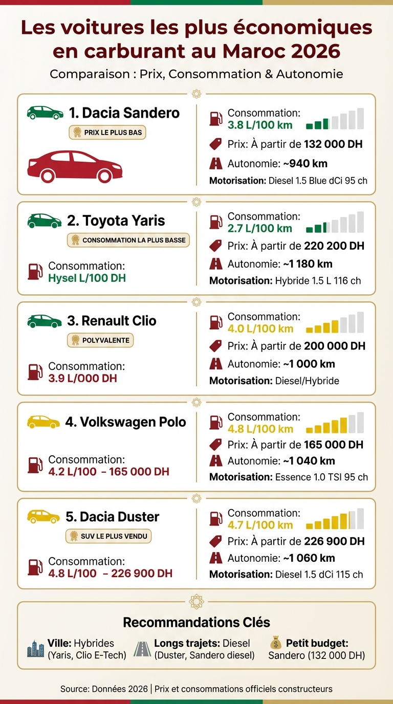 Comparaison des voitures les plus économiques au Maroc 2026 : prix et consommation