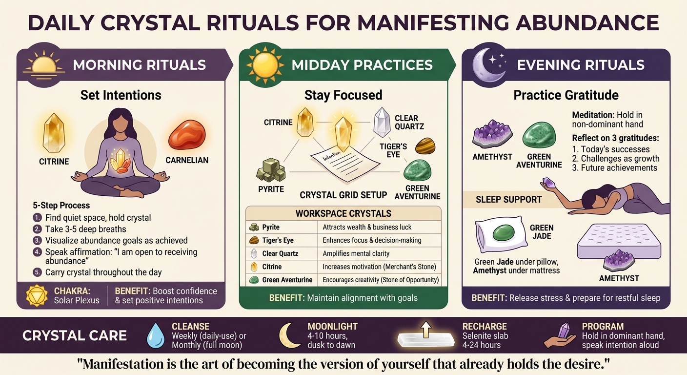 Daily Crystal Rituals for Manifesting Abundance: Morning, Midday, and Evening Practices