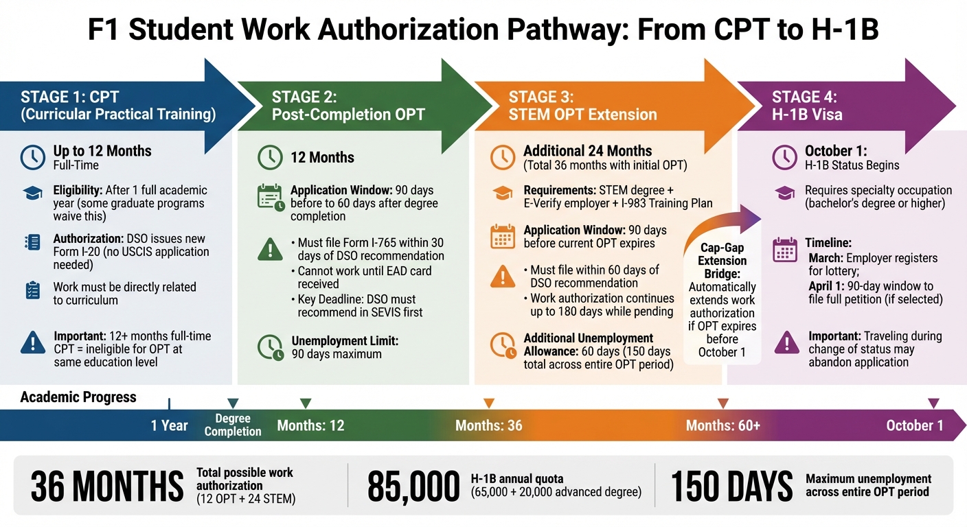 F1 Student Work Authorization Timeline: CPT, OPT, STEM OPT, and H-1B Visa Pathways