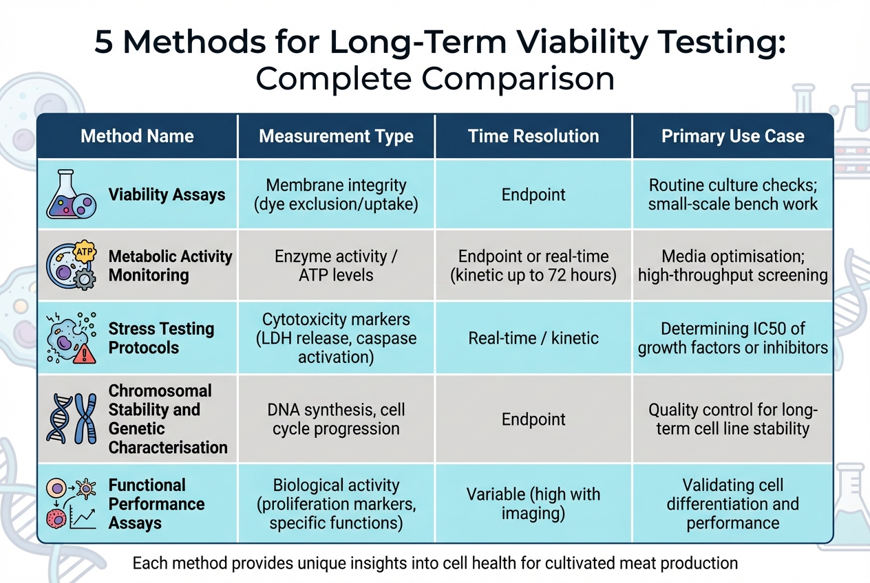 Comparison of 5 Long-Term Viability Testing Methods for Cultivated Meat Production