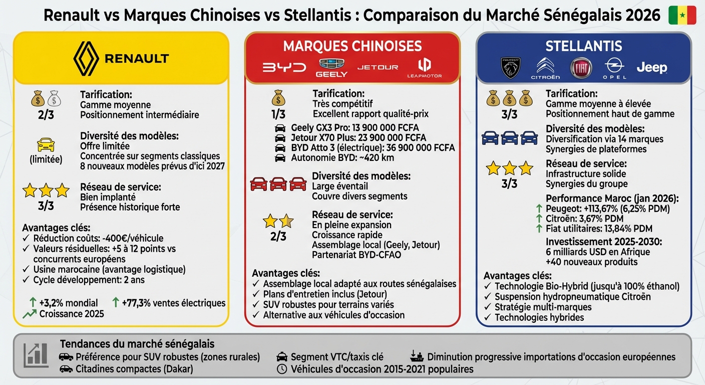 Comparaison des constructeurs automobiles au Sénégal 2026 : Renault vs Marques chinoises vs Stellantis