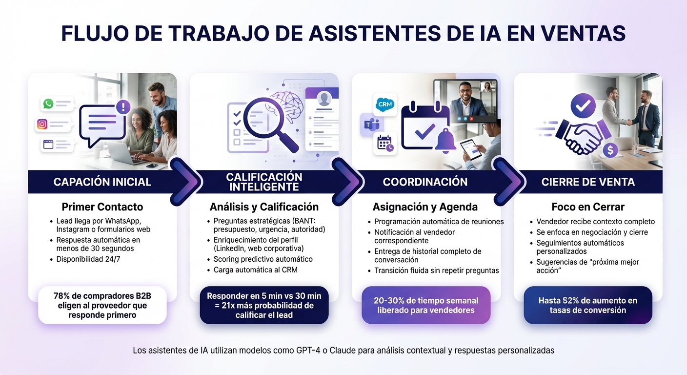 Flujo de trabajo de asistentes de IA: de lead a venta en 4 pasos