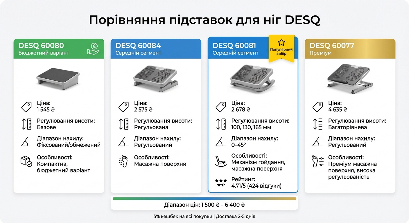 Порівняння моделей підставок для ніг DESQ: ціни та характеристики
