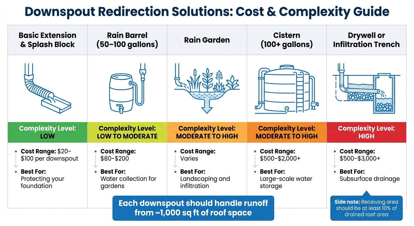 Downspout Redirection Solutions: Costs, Complexity, and Best Uses Comparison