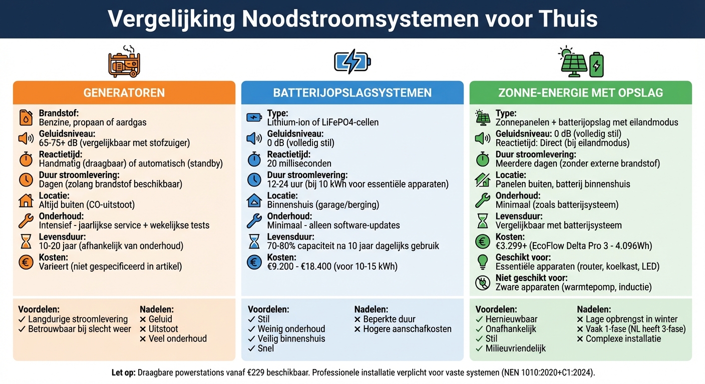Vergelijking noodstroomsystemen: generatoren, batterijen en zonne-energie met opslag