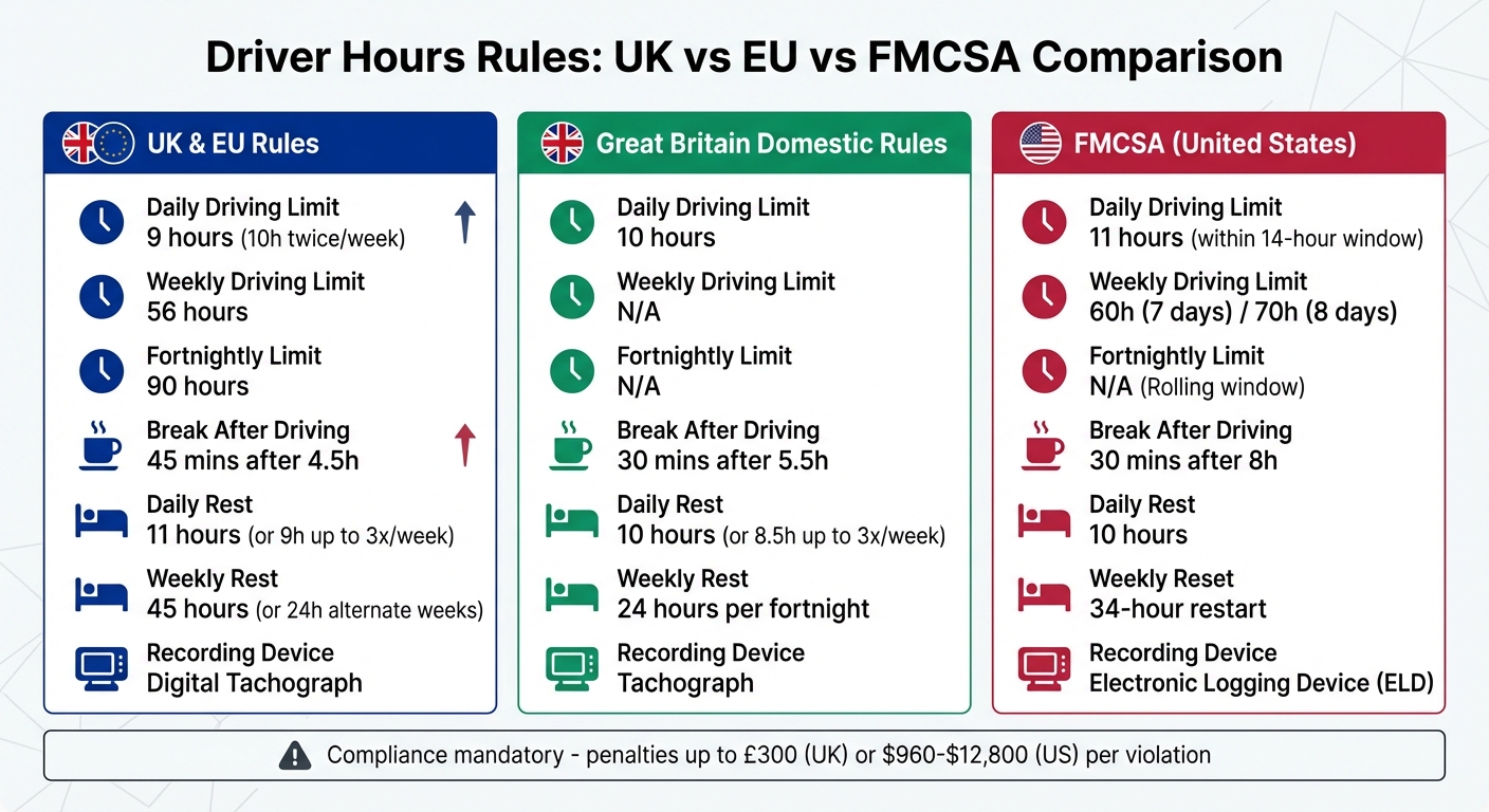 UK vs EU vs FMCSA Driver Hours Rules Comparison Chart