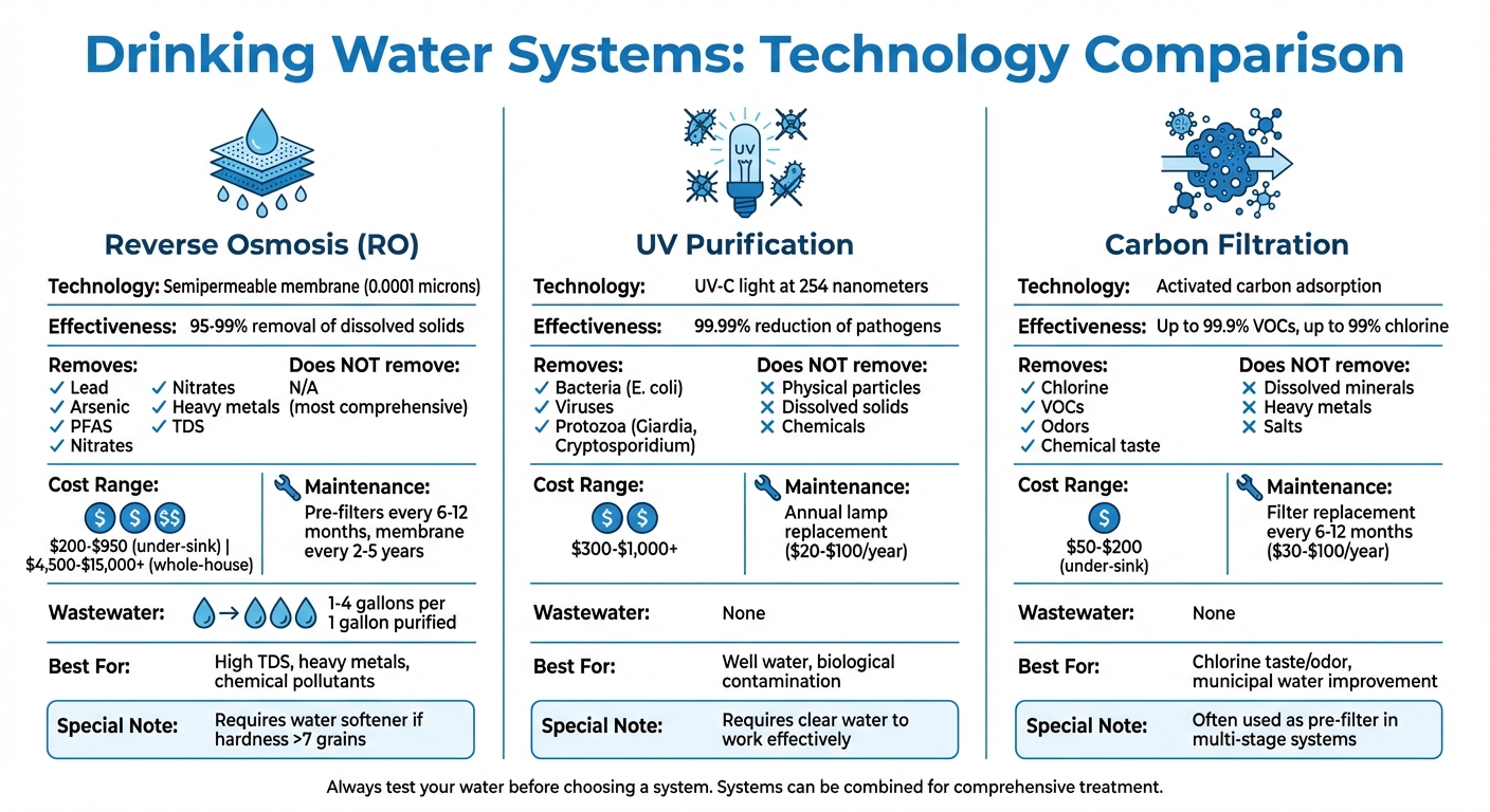 Drinking Water Filtration Systems Comparison: RO vs UV vs Carbon
