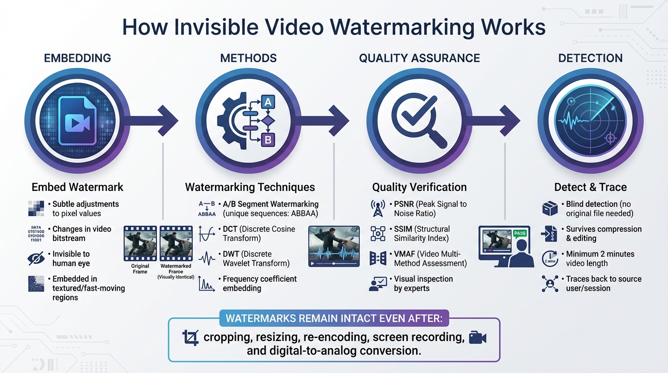 How Invisible Video Watermarking Works: Embedding to Detection Process