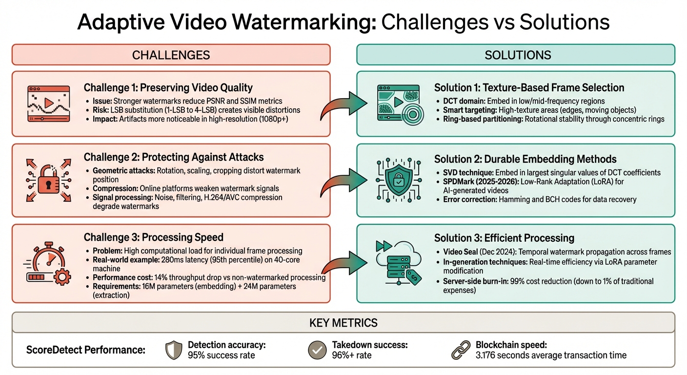 Adaptive Video Watermarking: Challenges vs Solutions Comparison