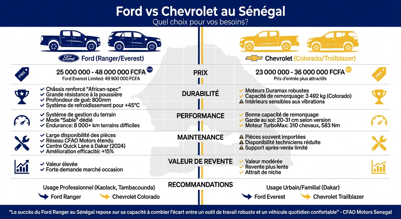 Comparaison Ford vs Chevrolet au Sénégal : Prix, Performance et Maintenance