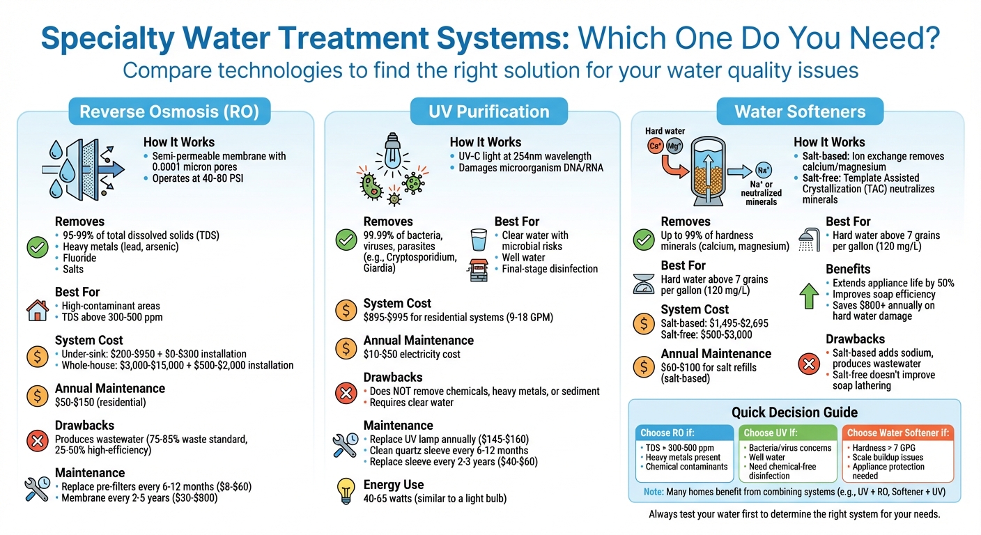 Comparison of Specialty Water Treatment Systems: RO, UV, and Water Softeners
