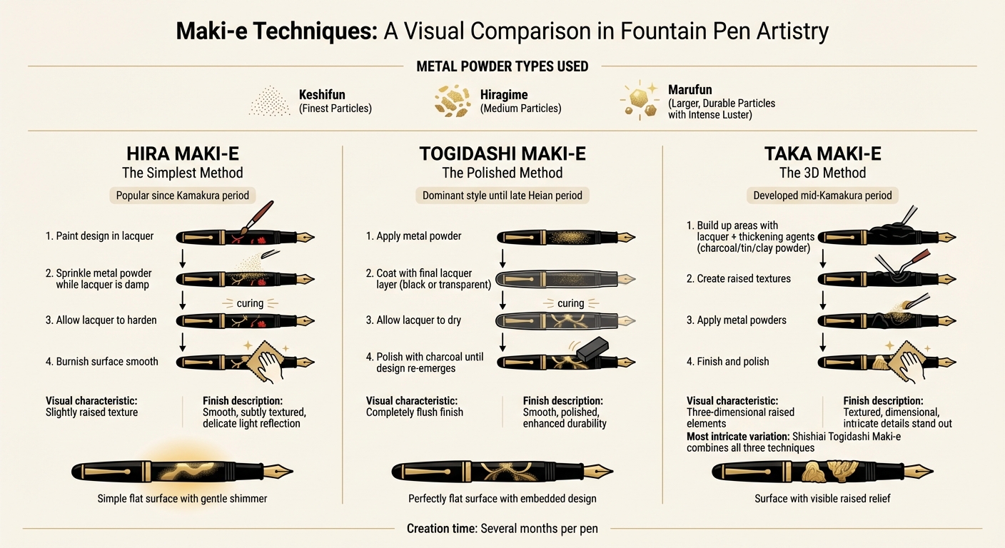 Three Traditional Maki-e Techniques Comparison: Hira, Togidashi, and Taka