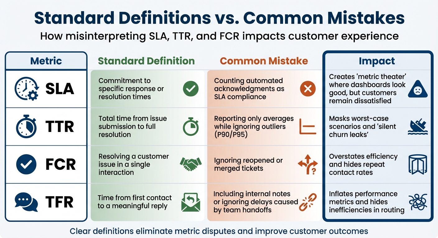 Support Metrics: Standard Definitions vs Common Mistakes (SLA, TTR, FCR)